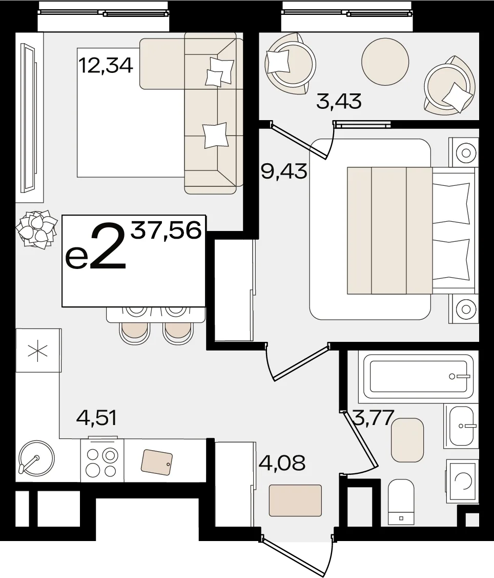 Планировка 2-комн. квартира, 37.56 м² ЖК «Патрики»