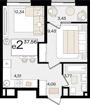 Планировка 2-комн. квартира, 37.56 м² ЖК «Патрики»