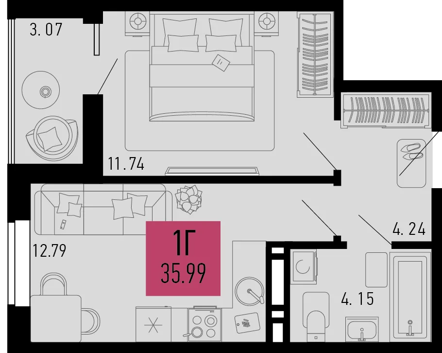Планировка 1-комн. квартира, 35.99 м² ЖК «Столицыно»