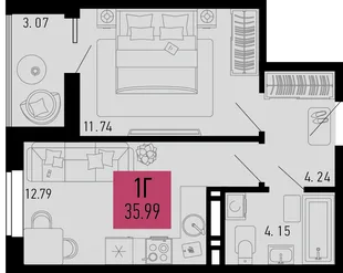 Планировка 1-комн. квартира, 35.99 м² ЖК «Столицыно»