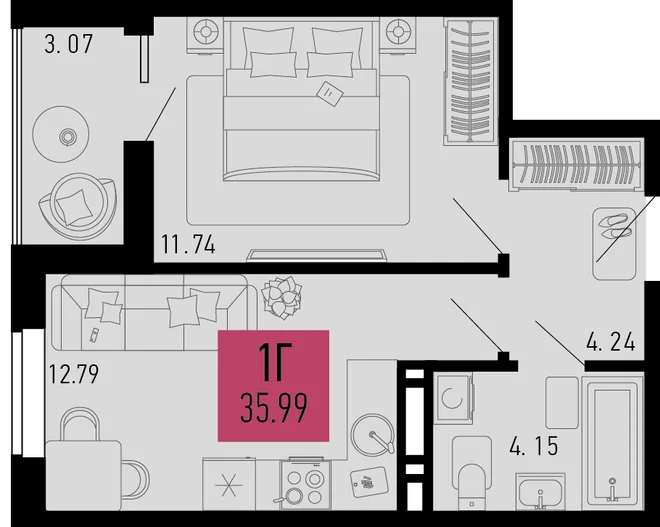 Планировка 1-комн. квартира, 35.99 м² ЖК «Столицыно» Планировка 1-комн. квартира, 35.99 м² ЖК «Столицыно»