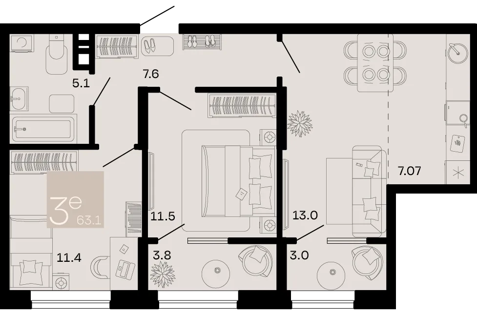 Планировка 3-комн. квартира, 63.1 м² ЖК «Хозяин морей»