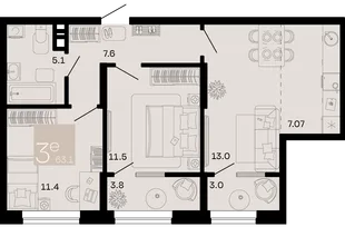 Планировка 3-комн. квартира, 63.1 м² ЖК «Хозяин морей»