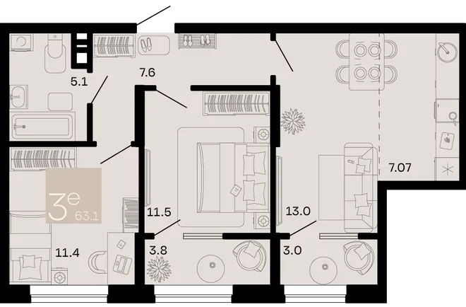 Планировка 3-комн. квартира, 63.1 м² ЖК «Хозяин морей»