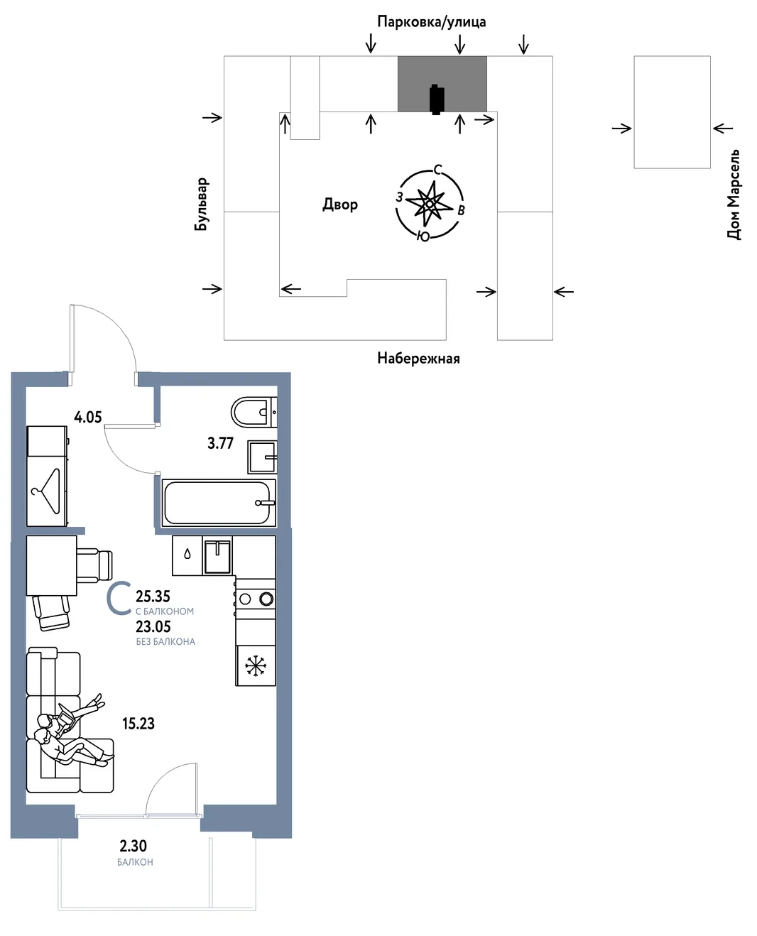Планировка Студия, 25.35 м² ЖК «Европейский берег 2.0»