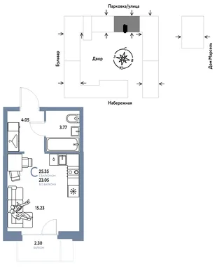Планировка Студия, 25.35 м² ЖК «Европейский берег 2.0»