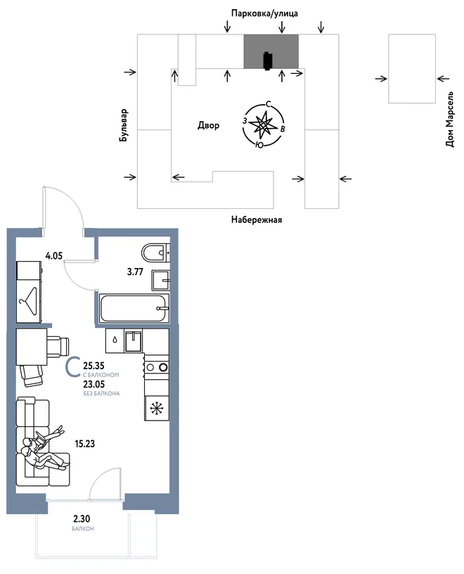 Планировка Студия, 25.35 м² ЖК «Европейский берег 2.0»