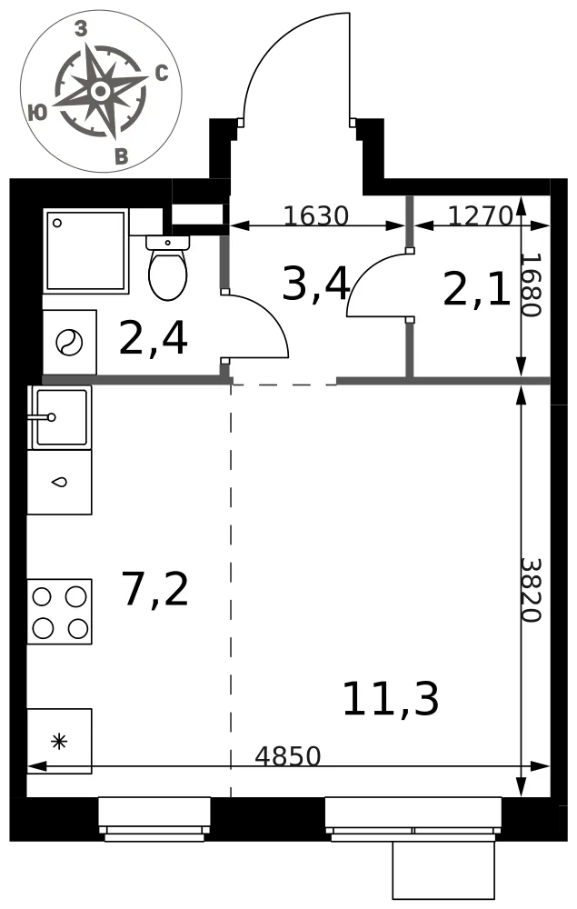 Планировка Студия, 26.4 м² ЖК «1-й Химкинский»