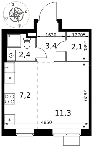 Планировка Студия, 26.4 м² ЖК «1-й Химкинский»