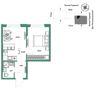 Планировка 2-комн. квартира, 34.69 м² ЖК «Микрорайон Домашний»