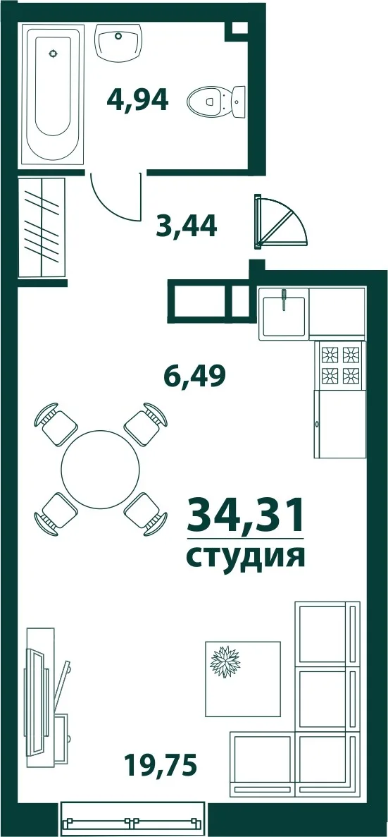 Планировка Студия, 34.31 м² ЖК «Аквамарин 2» Планировка Студия, 34.31 м² ЖК «Аквамарин 2»