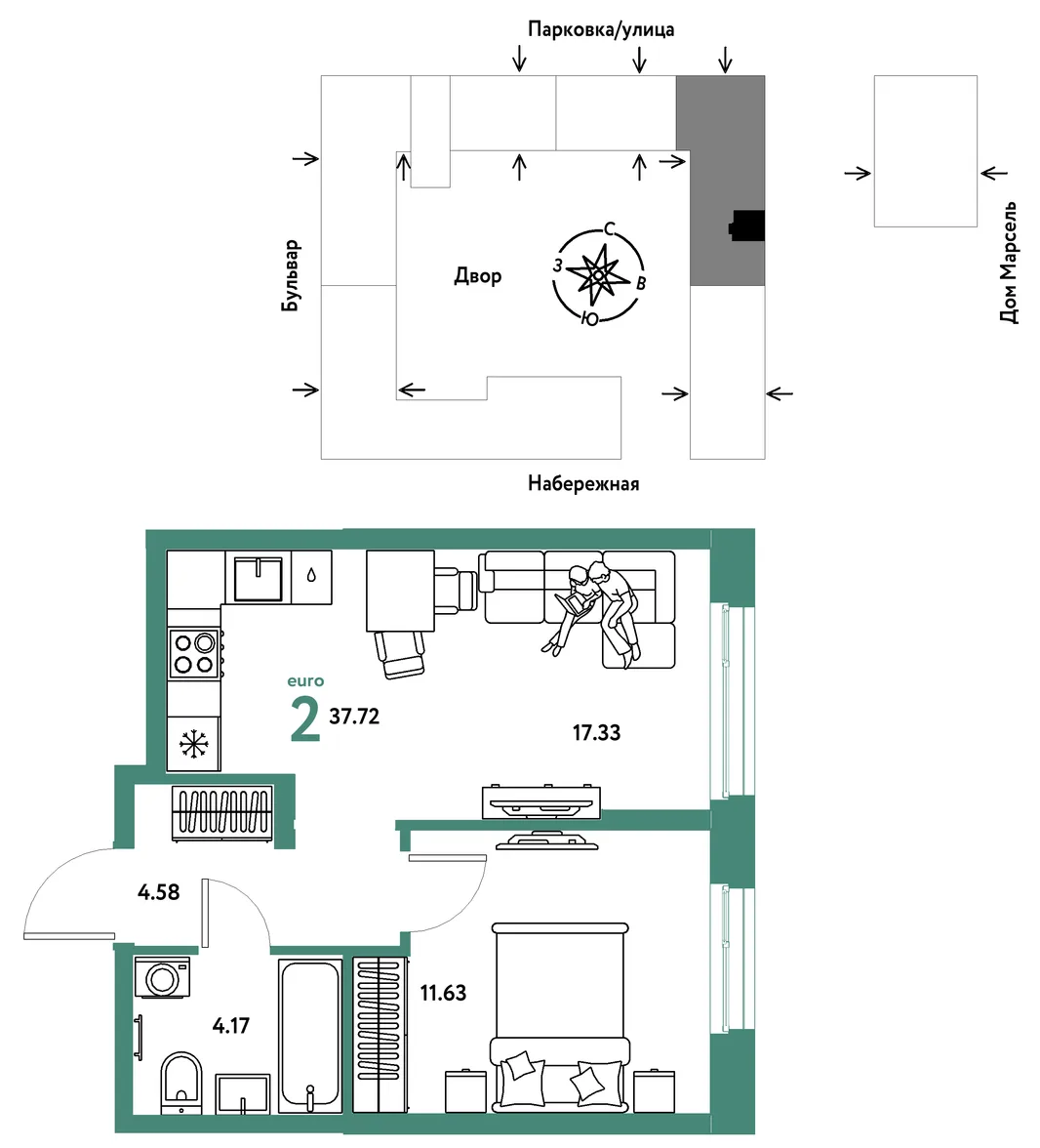 Планировка 2-комн. квартира, 37.72 м² ЖК «Европейский берег 2.0»