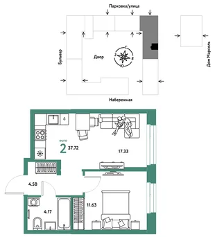 Планировка 2-комн. квартира, 37.72 м² ЖК «Европейский берег 2.0»