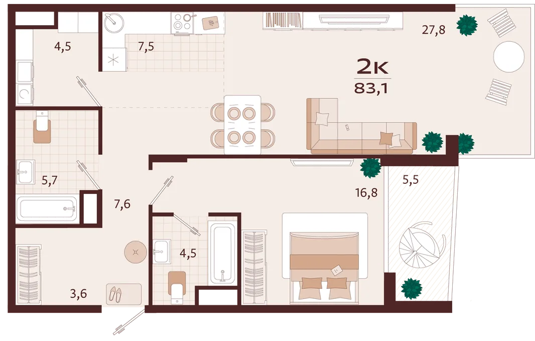 Планировка 2-комн. квартира, 83.1 м² ЖК «Роялта»