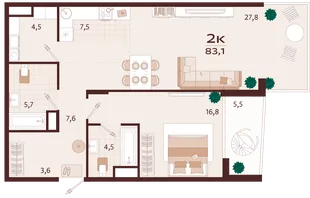 Планировка 2-комн. квартира, 83.1 м² ЖК «Роялта»
