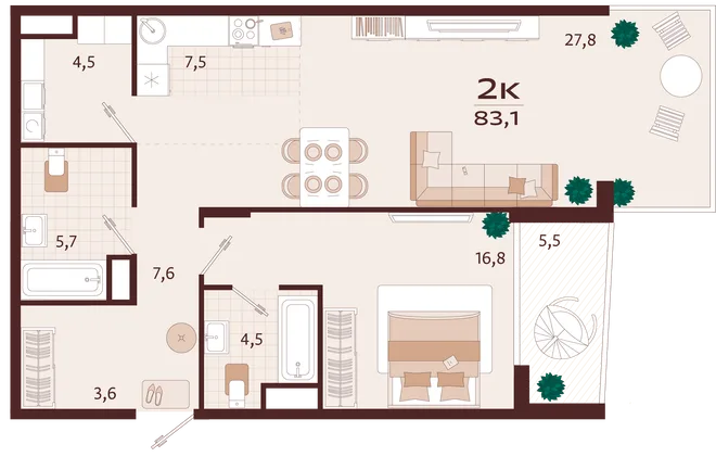 Планировка 2-комн. квартира, 83.1 м² ЖК «Роялта» Планировка 2-комн. квартира, 83.1 м² ЖК «Роялта»