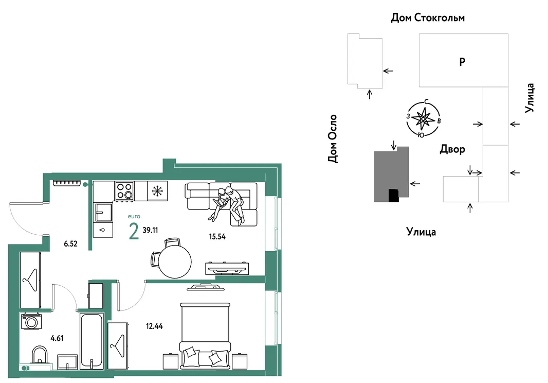 Планировка 2-комн. квартира, 39.11 м² ЖК «Европейский берег 2.0»