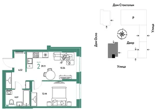 Планировка 2-комн. квартира, 39.11 м² ЖК «Европейский берег 2.0»
