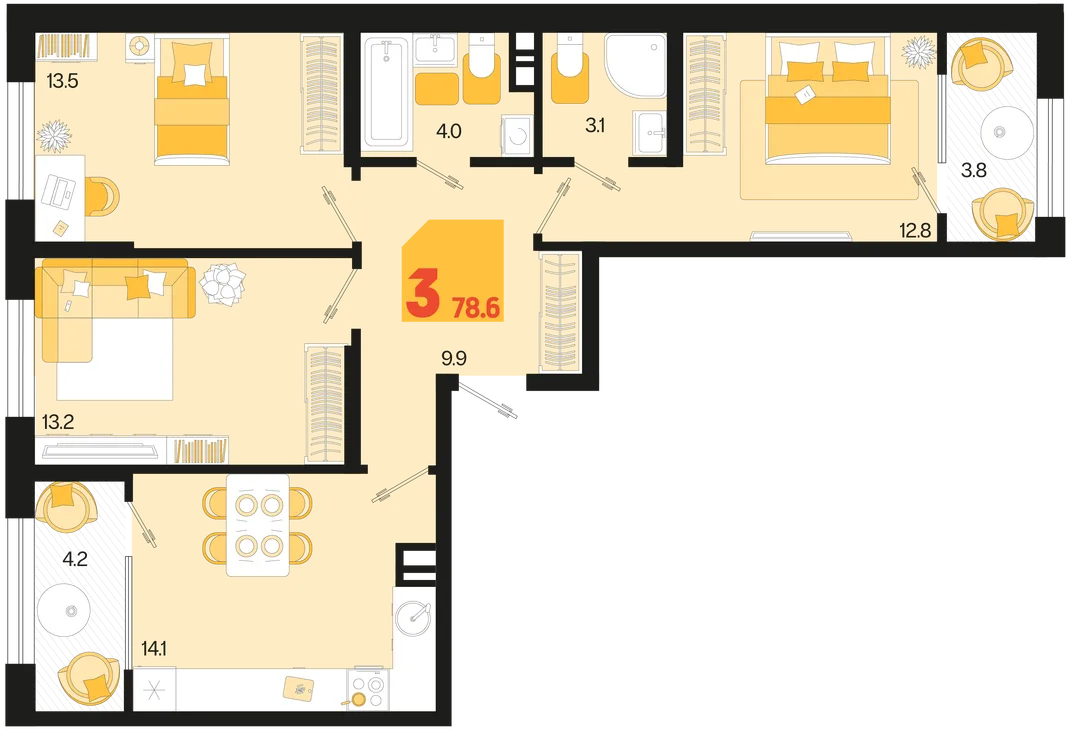 Планировка 3-комн. квартира, 78.6 м² ЖК «Первое место»