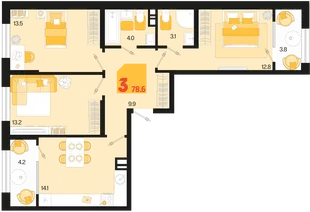 Планировка 3-комн. квартира, 78.6 м² ЖК «Первое место»