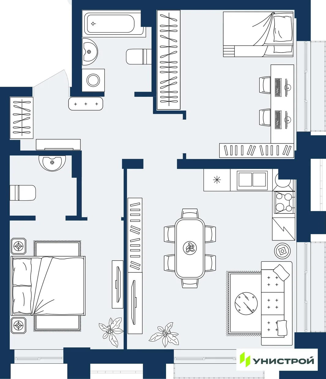 Планировка 2-комн. квартира, 60.45 м² ЖК «ГРАНД БЕРЕГ»