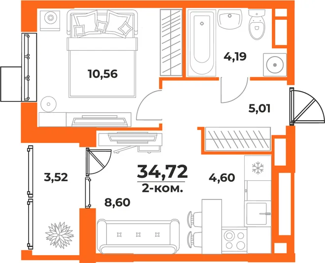 Планировка 2-комн. квартира, 34.72 м² ЖК «Живописный сад» Планировка 2-комн. квартира, 34.72 м² ЖК «Живописный сад»