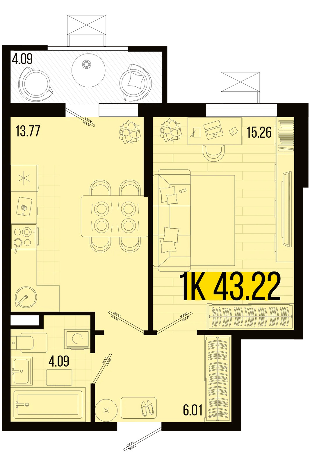 Планировка 1-комн. квартира, 41.18 м² ЖК «Цветной бульвар»