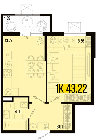 Планировка 1-комн. квартира, 41.18 м² ЖК «Цветной бульвар»