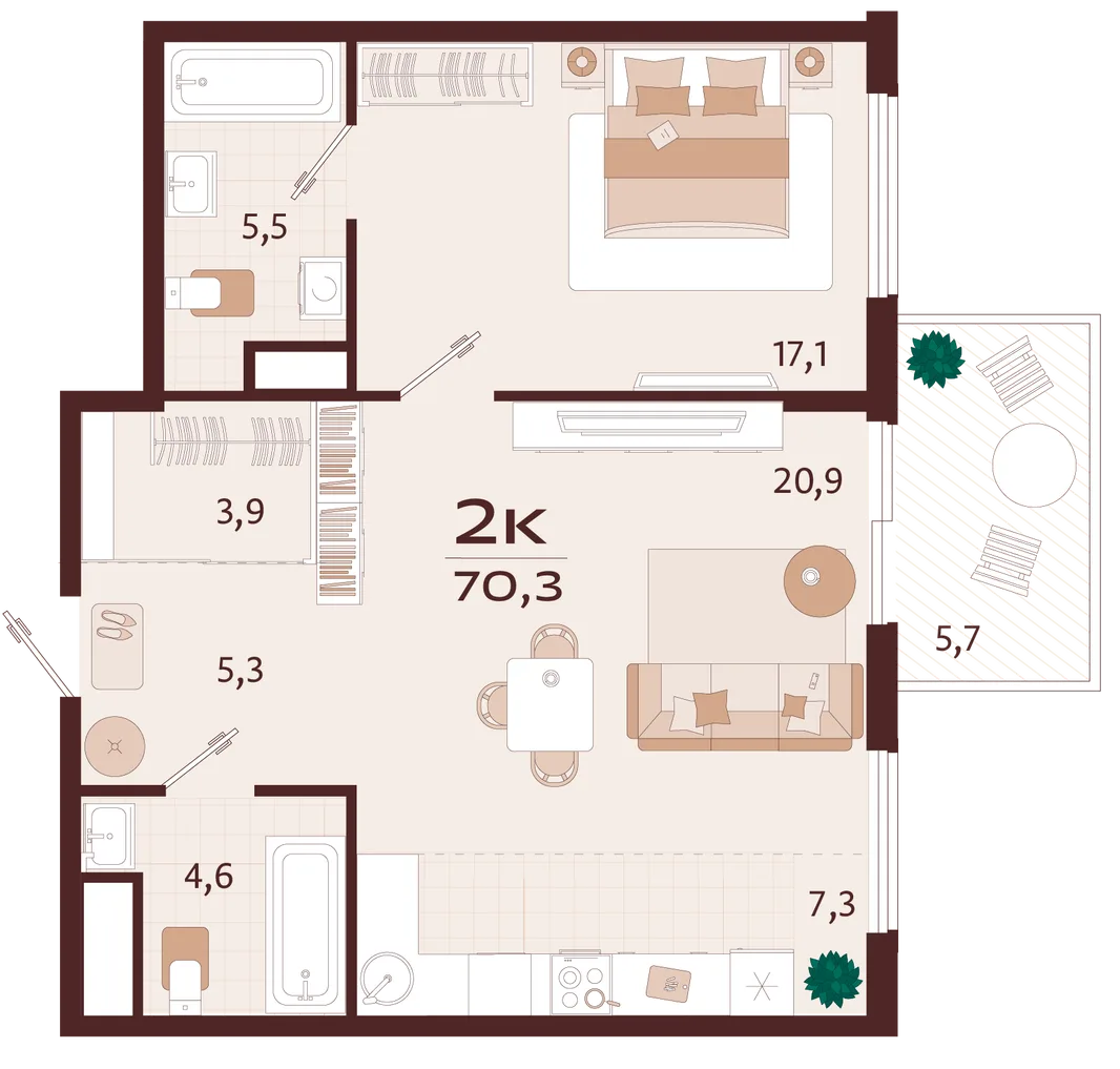 Планировка 2-комн. квартира, 70.3 м² ЖК «Роялта»