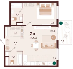 Планировка 2-комн. квартира, 70.3 м² ЖК «Роялта»
