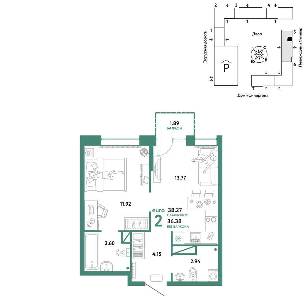 Планировка 2-комн. квартира, 38.27 м² ЖК «Юнион»
