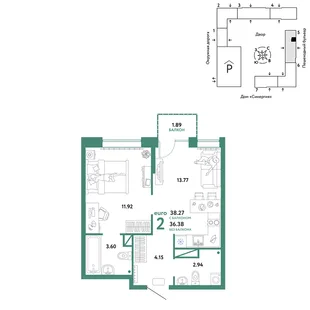 Планировка 2-комн. квартира, 38.27 м² ЖК «Юнион»