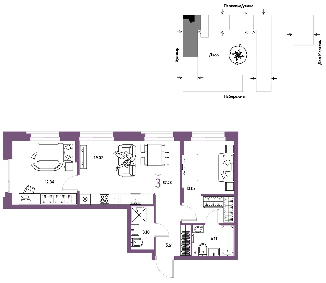 Планировка 3-комн. квартира, 57.73 м² ЖК «Европейский берег 2.0»