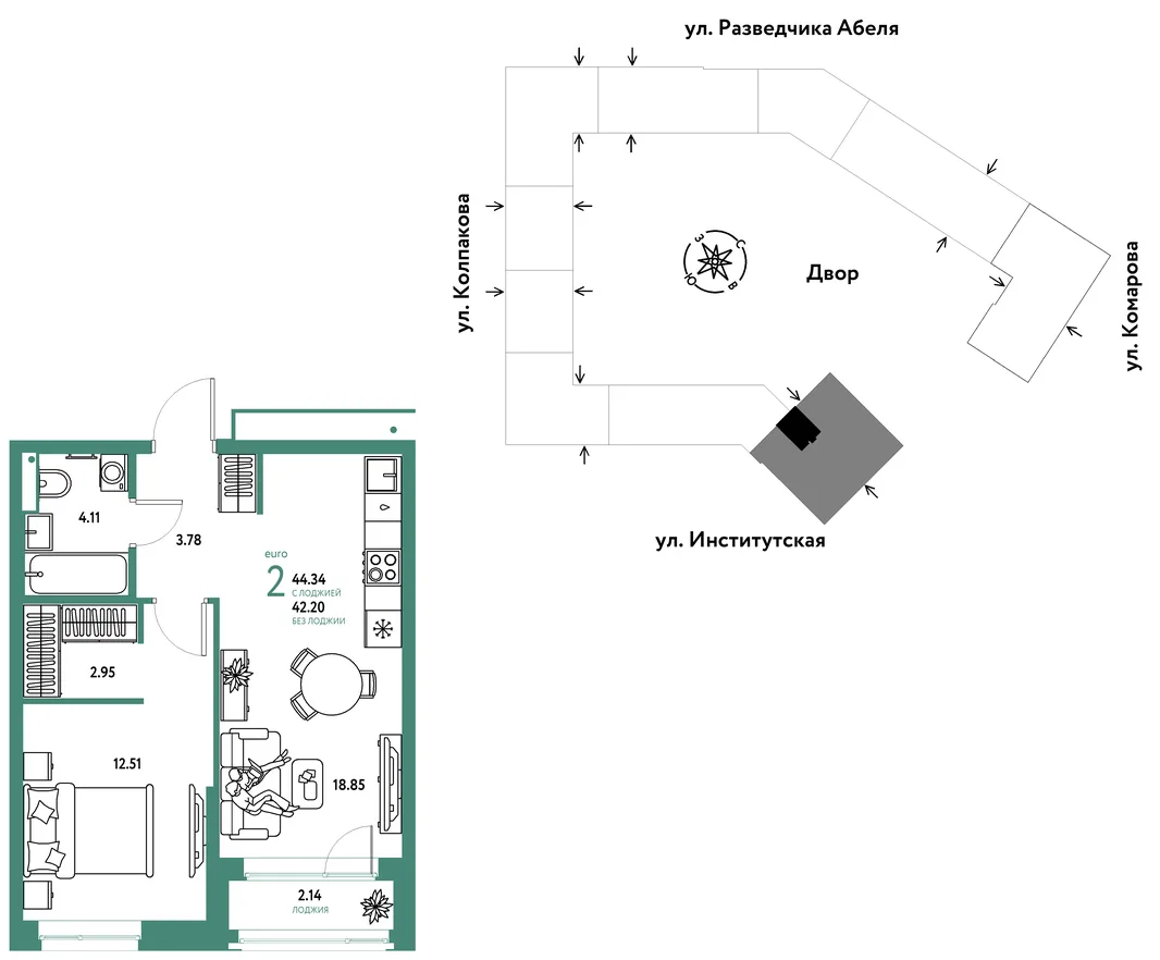Планировка 2-комн. квартира, 44.34 м² ЖК «Страна.Парковая»