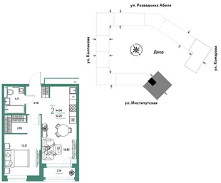 Планировка 2-комн. квартира, 44.34 м² ЖК «Страна.Парковая»