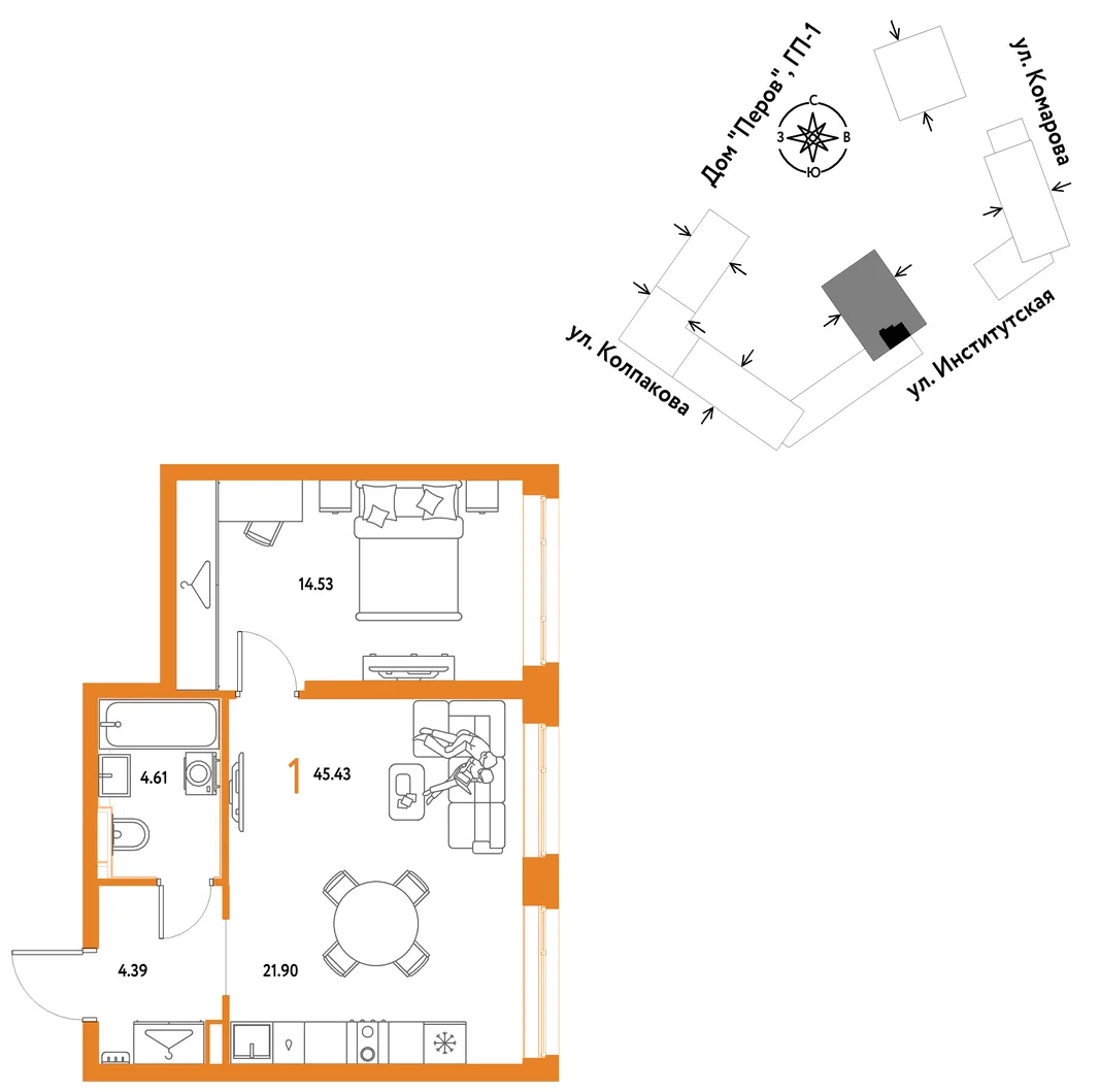 Планировка 1-комн. квартира, 45.43 м² ЖК «Страна.Парковая»
