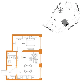 Планировка 1-комн. квартира, 45.43 м² ЖК «Страна.Парковая»