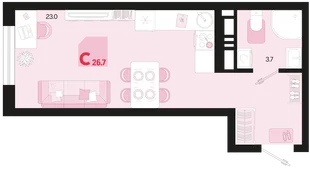 Планировка Студия, 26.7 м² ЖК «Первое место»