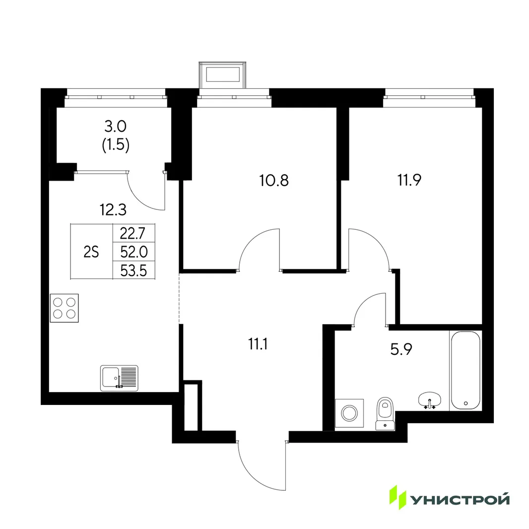 Планировка 2-комн. квартира, 53.5 м² ЖК «Стадиум»
