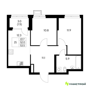 Планировка 2-комн. квартира, 53.5 м² ЖК «Стадиум»