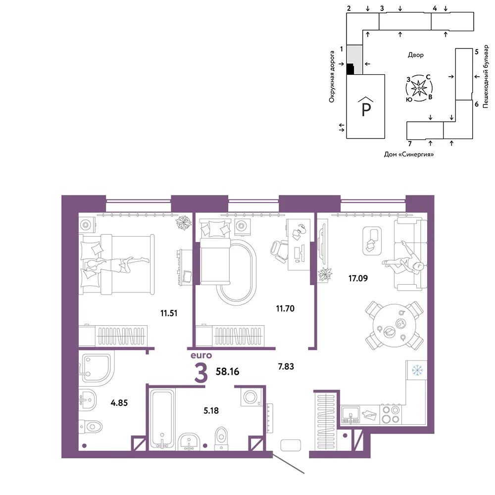 Планировка 3-комн. квартира, 58.16 м² ЖК «Юнион»
