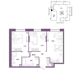 Планировка 3-комн. квартира, 58.16 м² ЖК «Юнион»