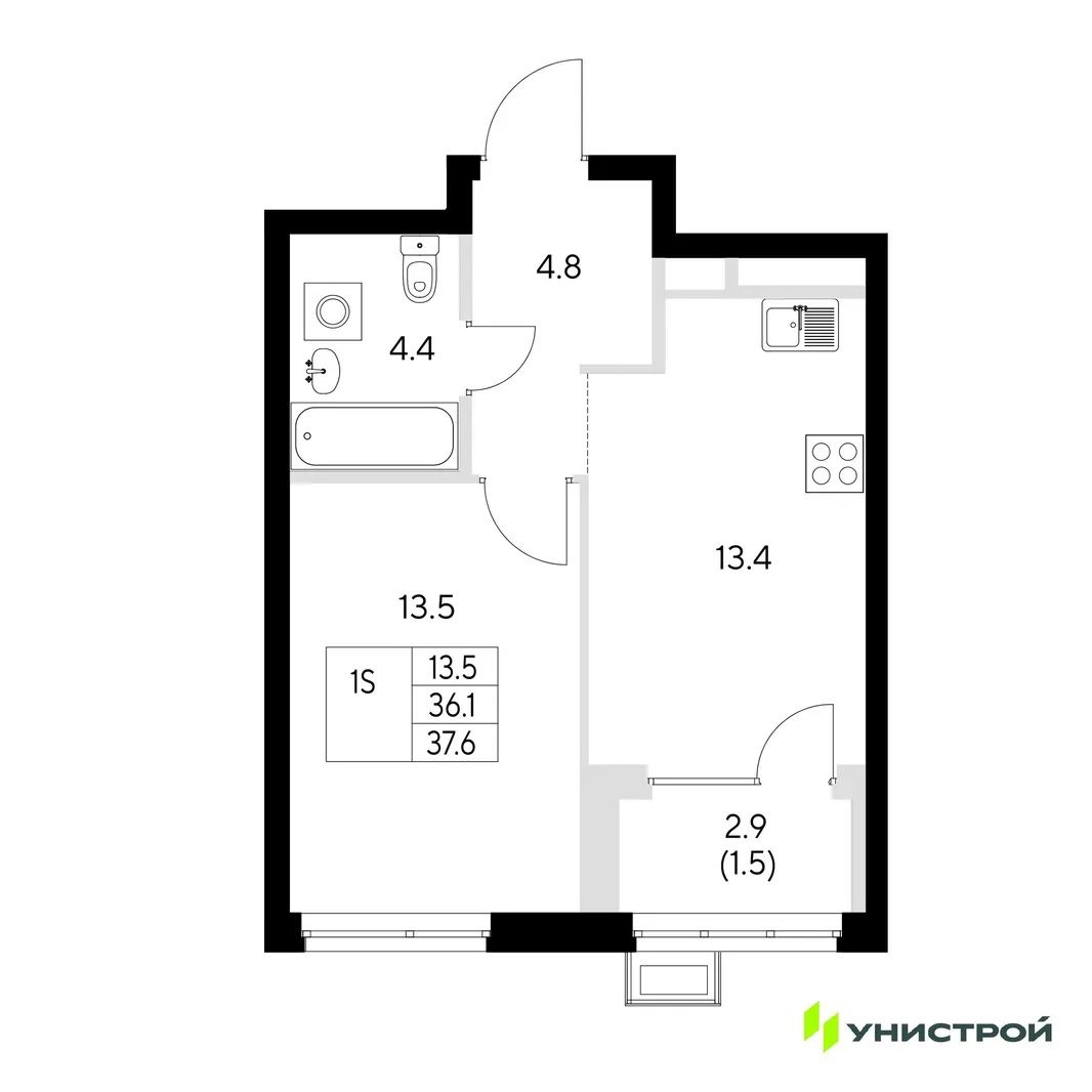 Планировка 1-комн. квартира, 37.6 м² ЖК «Стадиум»
