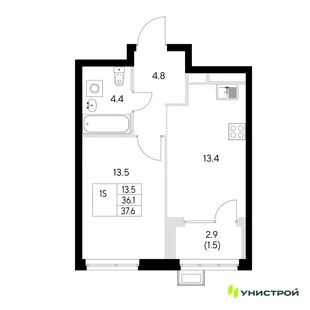 Планировка 1-комн. квартира, 37.6 м² ЖК «Стадиум»