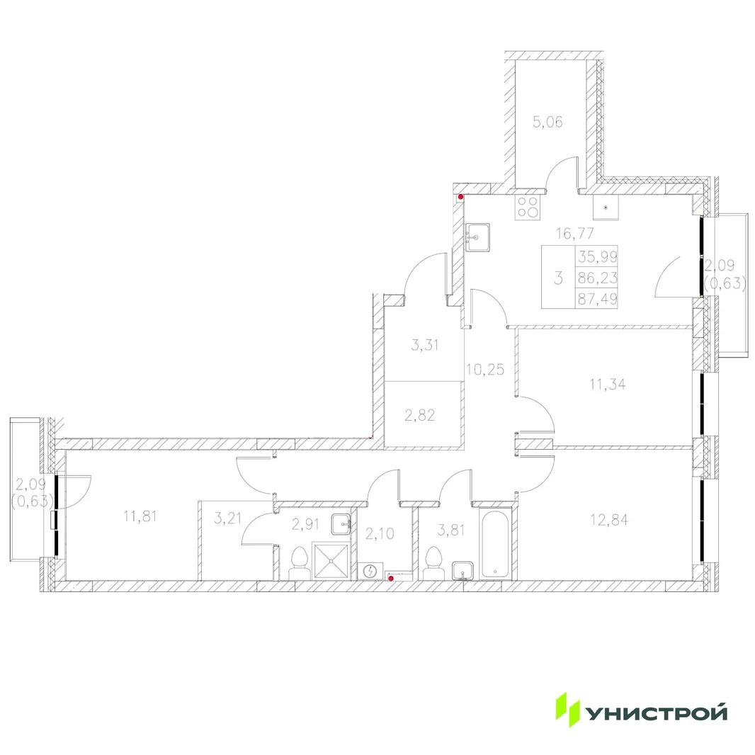 Планировка 3-комн. квартира, 87.49 м² ЖК «Statum»