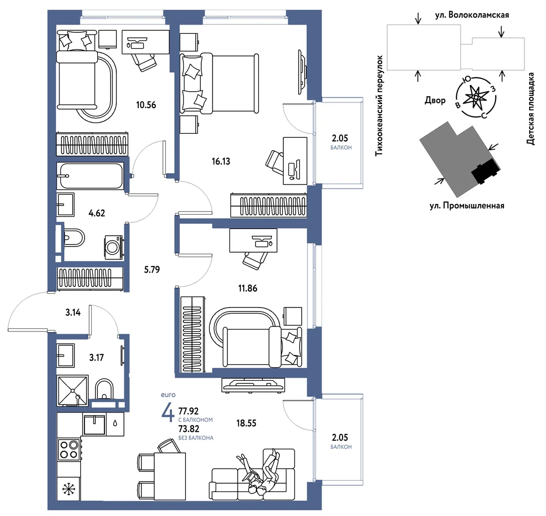 Планировка 4-комн. квартира, 77.92 м² ЖК «Страна Прибрежная»
