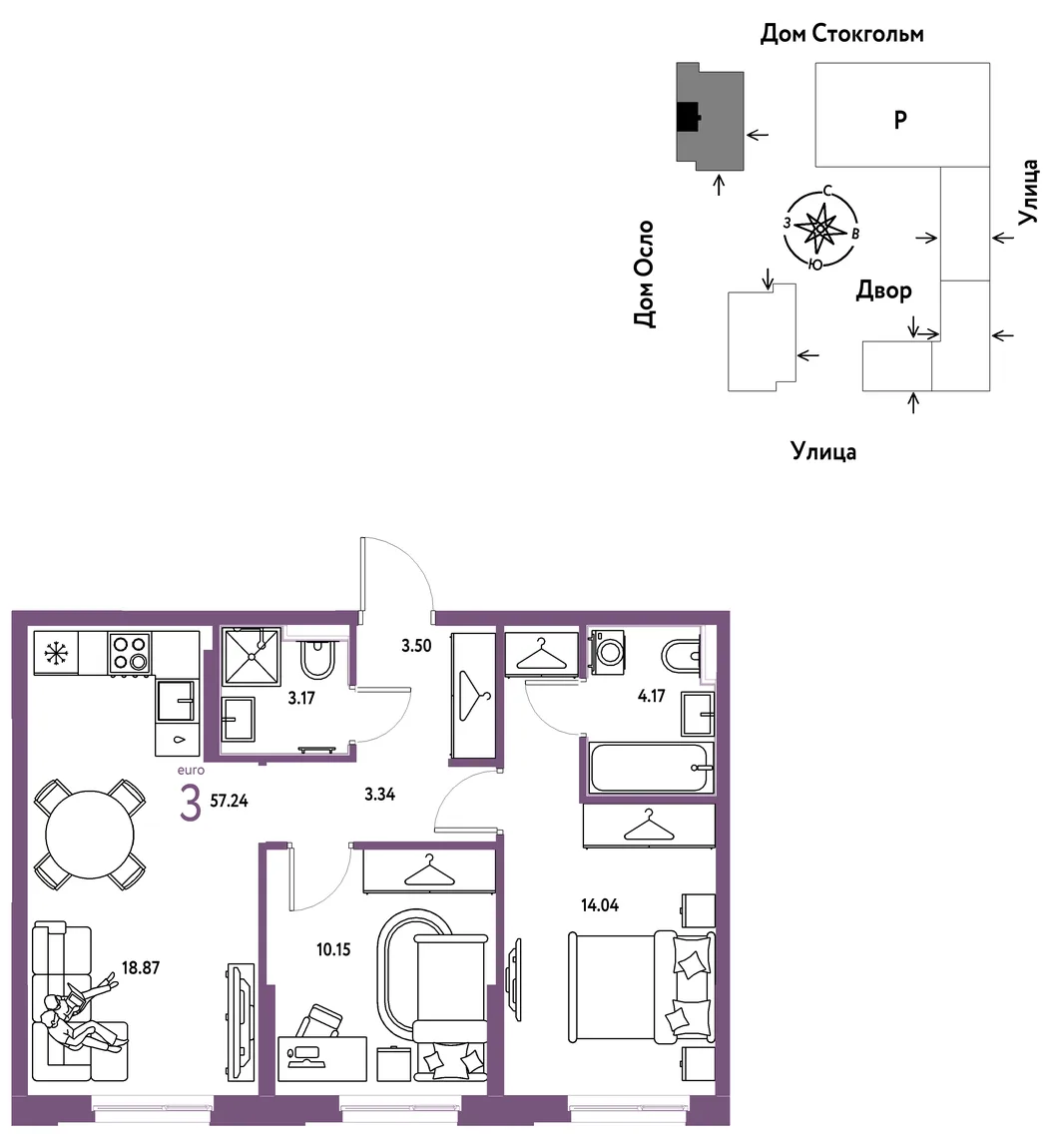 Планировка 3-комн. квартира, 57.24 м² ЖК «Европейский берег 2.0»
