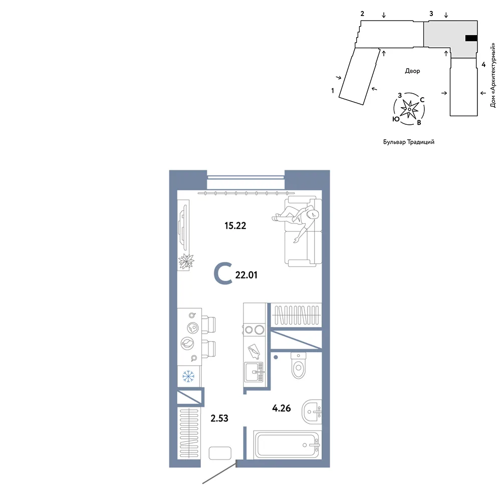 Планировка Студия, 22.01 м² ЖК «Микрорайон Домашний»