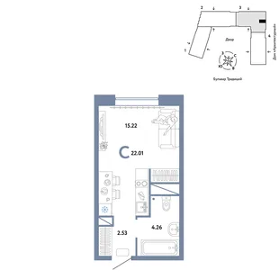 Планировка Студия, 22.01 м² ЖК «Микрорайон Домашний»
