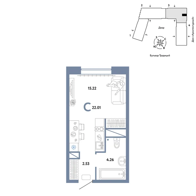Планировка Студия, 22.01 м² ЖК «Микрорайон Домашний» Планировка Студия, 22.01 м² ЖК «Микрорайон Домашний»